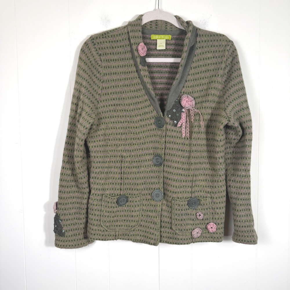VTG Y2K Sigrid Olsen Wool Cashmere Blend Fairycore Sweater Blazer Green Pink XL